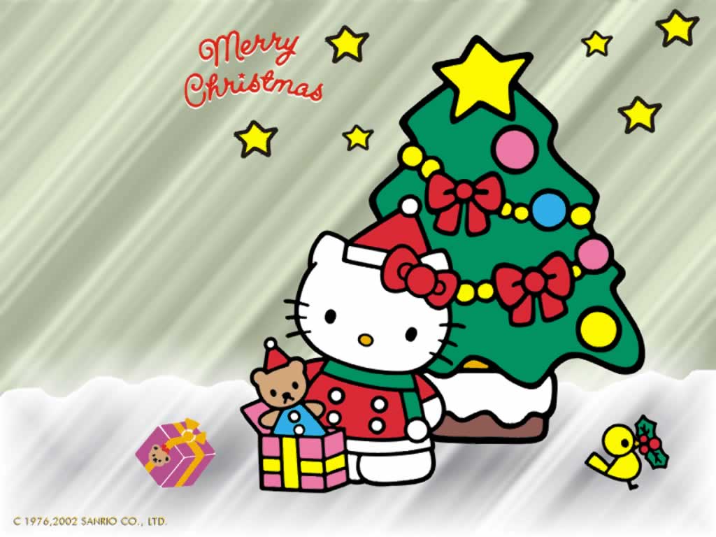 Hello Kitty Christmas wallpaper with a pretty Christmas tree and a cute little mouse